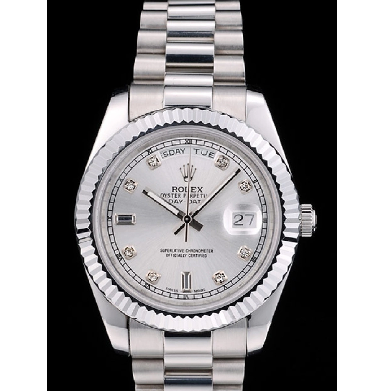 Rolex aaa copy Swiss Silver Ribbed Steel Rolex DayDate Stainless Bezel Dial 41995 0503